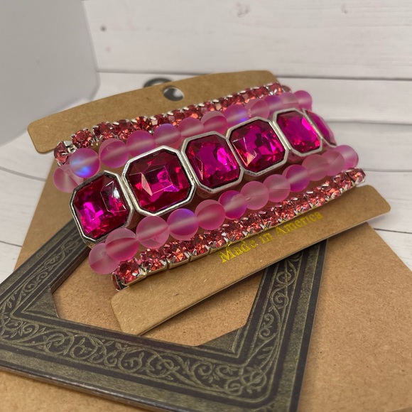 Set of 5 stackable bracelets in high style hot pink crystal. - Picture 5 of 10